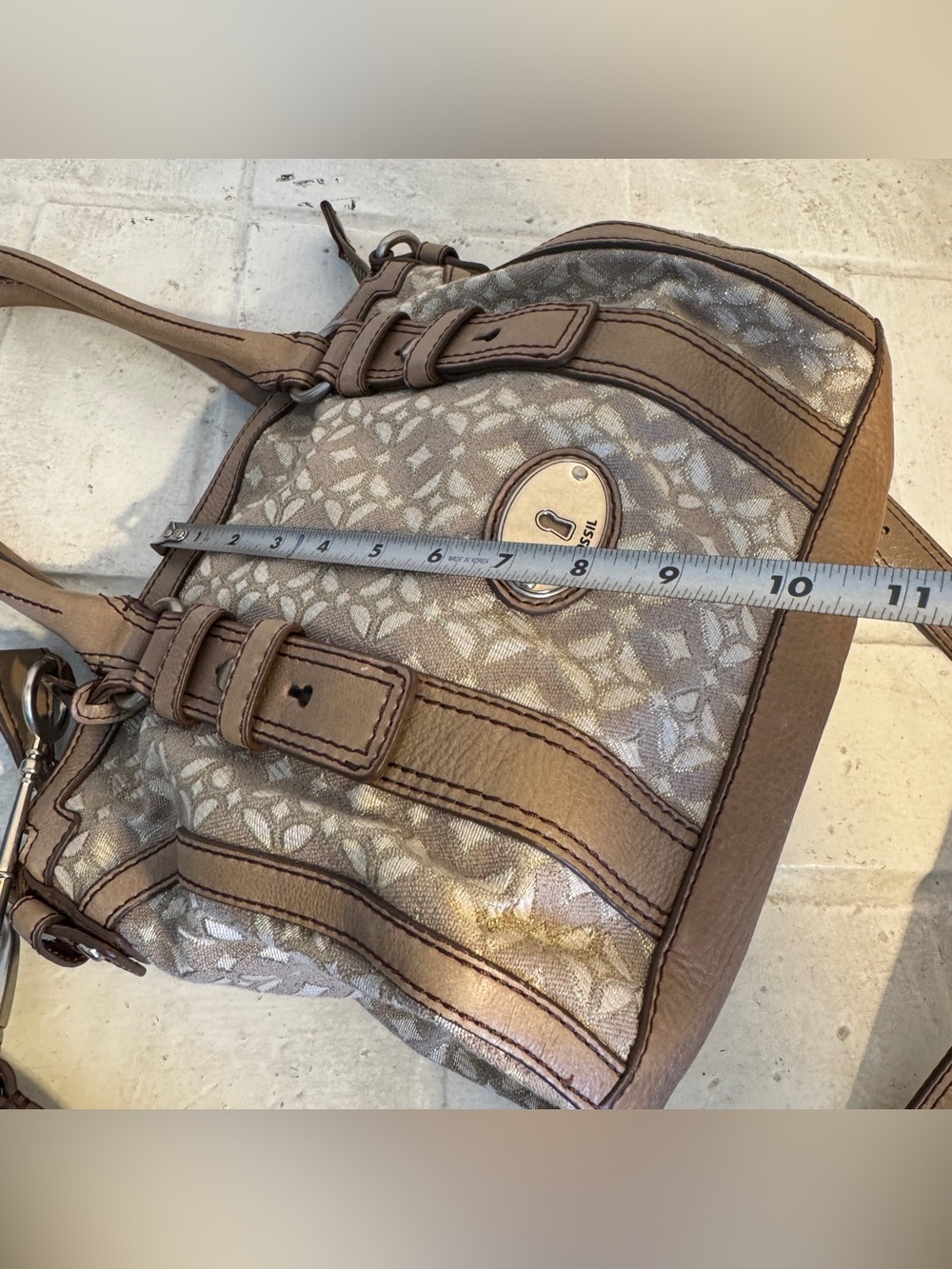 Fossil Vintage Jacquard Canvas Satchel Crossbody Bag w Leather Trim & Key Charm - Picture 12 of 14